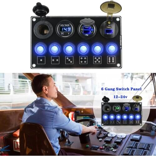 PD USB Car Accessories LED Voltage Display Car Switch Panel 6 Gang 12/24V QC3.0 Quick Charge