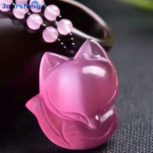 Wholesale Pink Cats Eye Natural Stone Pendants Carved Fox Sweater Chain Necklace Lucky for Women Girl Gift Crystal Jewelry