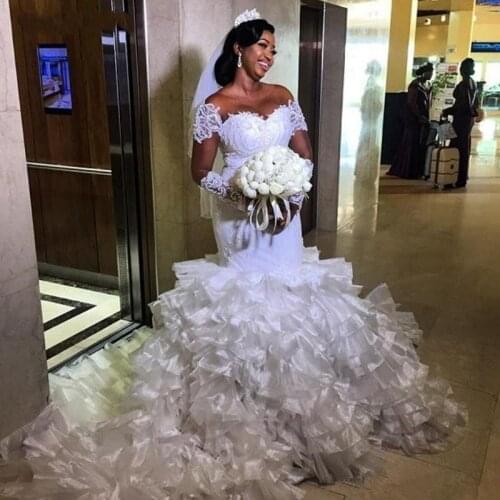 Mermaid Wedding Dresses African Long Sleeves Organza Ruffles Sweep Train Country Wedding Dress Summer Lace Boho Bridal Gowns