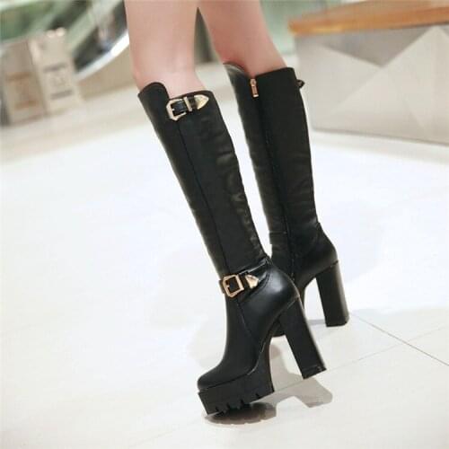 PXELENA Vintage Buckle Punk Rock Gothic Knee High Boots Female Shoes Platform Chunky Block High Heels Riding Knight Long Boots