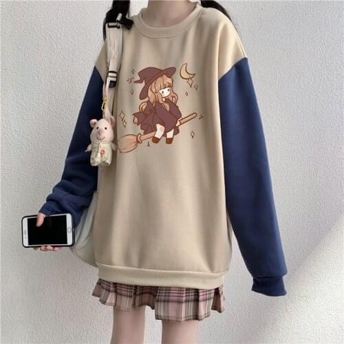 Sweet Loose JK Hoodies Women Preppy Style Harajuku Cute Cartoon Print O-Neck Long Sleeve Pullover Girl Kawaii Lolita Sweatshirt