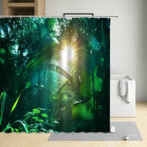Tropical Jungle Scenery Shower Curtain Palm Leaf Banana Foliage Green Plant Flowers Natural Scenery Bathroom Curtains Home Decor