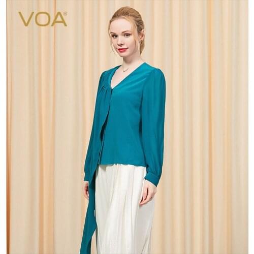 VOA V-Neck Concealed Lapel Asymmetrical Diagonal Long Sleeve Puff Sleeve Silk Georgette Stitching Silk Fake Blue Shirts BE221