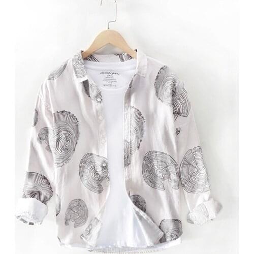 High Quality Geometric Printed 100% Linen Men Shirt Long-sleeved Fashion Flax Dress Shirts Men Turn Down Collar Camisas TS-682