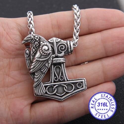 Yage stainless steel thors hammer mjolnir pendant necklace with viking Odin Raven norse viking necklace Men gift Dropshiping