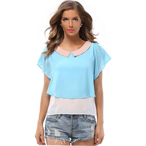 T-shirt Women 2019 Relaxed Hit Color Doll Collar Chiffon Fly Sleeve Shirt Small Shirt Korean Vestidos HJY1222