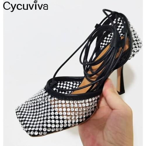 New Net Mesh Brand Shoes Woman Full Crystal High Heel Gladiator Sandals Women Ankle Strap Summer Stiletto Runway Sandalias Mujer