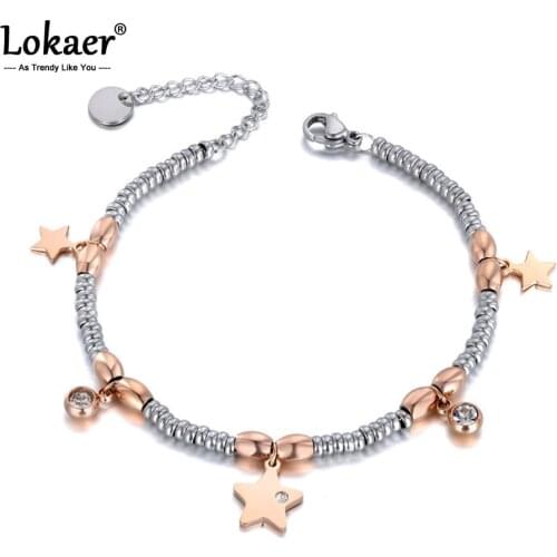 Lokaer Titanium Stainless Steel CZ Crystal & Star Charm Bracelets For Women Girls Rose Gold Chain & Link Bracelet Jewelry B19105