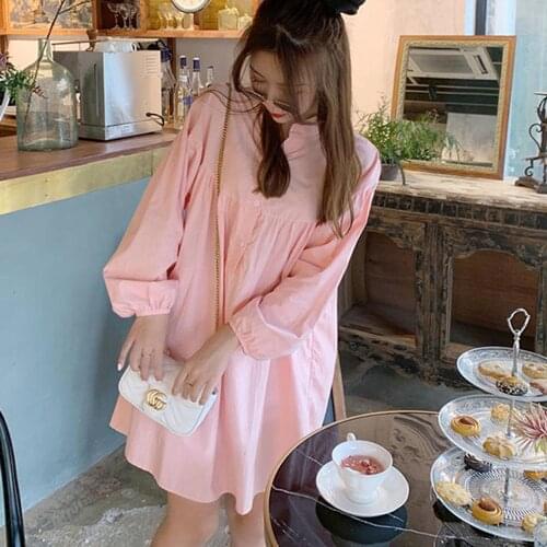 2021 Autumn New Women Pink Casual Shirts Plus Size Long Lantern Sleeve Round-neck Maternity Blouses Sweet Loose Blouse