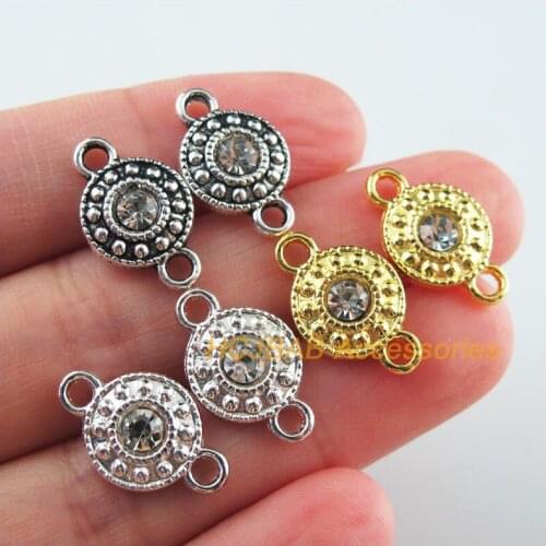 25Pcs Retro Gold Silver Tibetan Silver Tone Flower Clear Crystal Charms Pendants 11x18mm