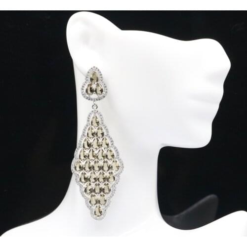 73x25mm SheCrown Long Big 16g Jewelry Set Created Smokey Topaz White CZ For Women Dating Silver Earrings Pendant