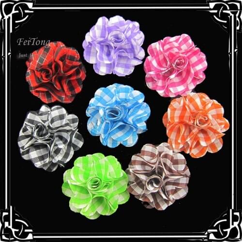 Free shipping!24pcs/lot 2.3 inch New checked fabric flowers 8colors for your choice