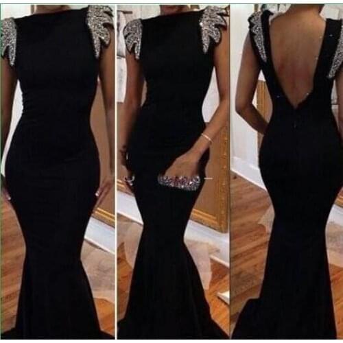 Black Evening Dresses Mermaid High Collar Beaded Backless Dubai Saudi Arabia Long Prom Dress Gown Robe De Soiree