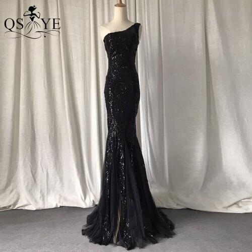 One Shoulder Black Evening Dresses Mermaid Sequin Prom Gown Glitter Pattern Lace Long Formal Party Women Fashion Prom Dress