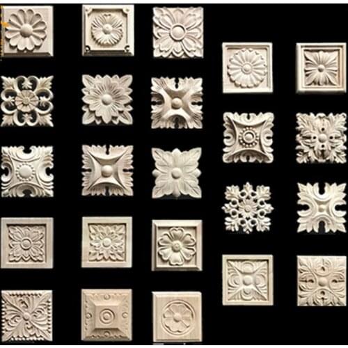 5PCS 6CM Wood Applique Onlay Decal Figurines Wooden Carved Decor Unpainted Large Crown Leaves Oval Flower Furniture Doors Home