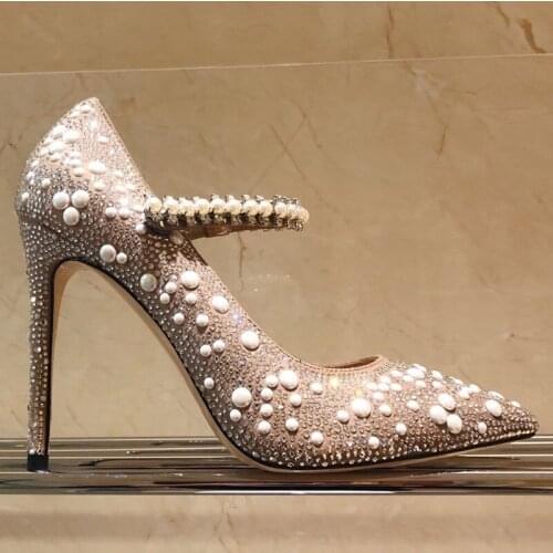 Elegant Pumps Rhinestone Pearl Straps High Heels Woman Spring Full Pearl Driled Woman Thin Heels Pointed Toe Wedding Shoes