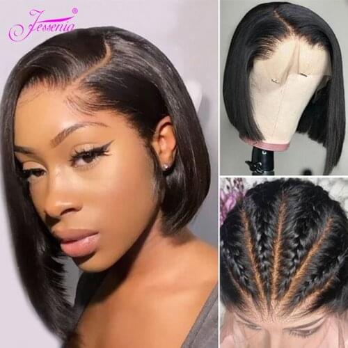 Human Hair Bob Wig 4x4 Lace Closure Pre Plucked with Baby Hair Blunt Cut 8-14inch Straight Glueless Lace Wig Remy for Women 13X4
