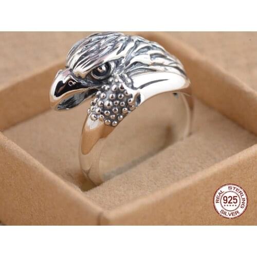 2020 Punk Eagle Rings for Men Real S925 Silver Adjustable Rings Vintage Eagle head Open Ring Cool Jewelry Gifts Free Shipping