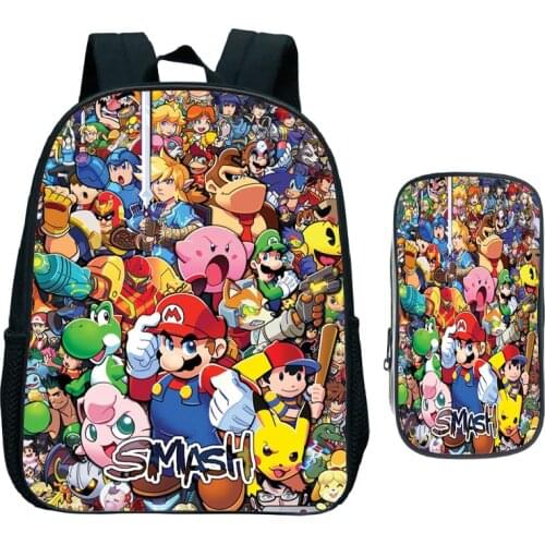 New Children Mario Bros Schoolbag Kids Cartoon Anime Kindergarten Backpack Bookbag Gift (2pcs Set /rucksack+Pen Bag)