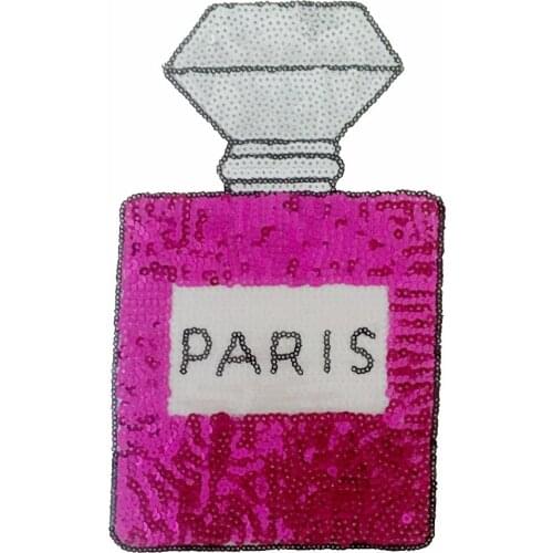 New 25 x 15 cm Pink PARIS Perfume Bottle Patch Iron on Sequined Patches for Clothes Backpack DIY Motif Embroidery Decoration 2PC