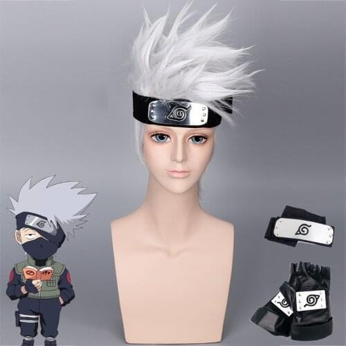 Anime Naruto Hatake Kakashi Cosplay Wig Silvery White Akatsuki Honoha Headband PU Gloves Cosplay Costume Accessories Gift