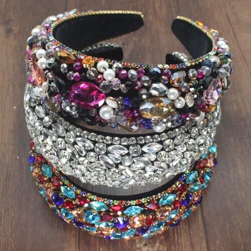 Handmade Baroque Luxury Full Colorful Pearl And Crystal Padded Headbands Rhinestones Hairbands for Women Sparkly Party Headbands