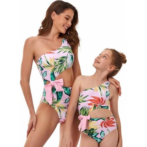 Family Swimsuits One-Piece Oblique Shoulder Mommy and Me Bikini Dresses Clothes Outfits Leaf Mother Daughter Matching Swimwear