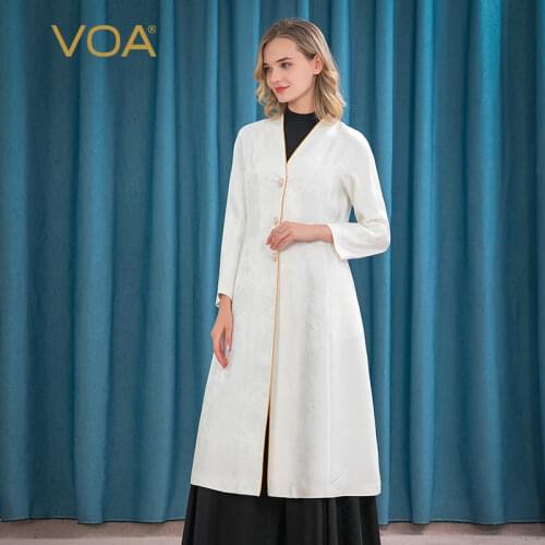 VOA 38m/m Heavyweight Silk White Jacquard Hexagon Single Row Three Buttons Simple Crisp Ripe Female Windbreaker Trench Coat FE17