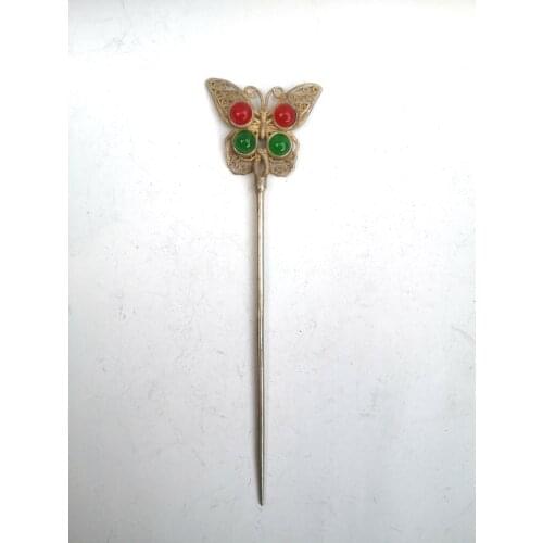 YIZHU CULTUER ART Collection Old Chinese Tibet Silver Hand-made Butterfly Hairpin Hair Decoration