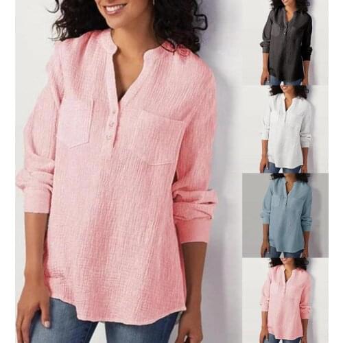 2021 New Women Shirt Solid Color V Neck Autumn Winter Pockets Long Sleeve Blouse for Daily Wear