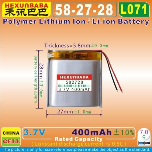 2pcs [L071] 3.7V 400mAh [582728] PLIB; polymer lithium ion / Li-ion battery for SMART WATCH,mp4,cell phone,DVD,SPEAKER,GPS,mp3