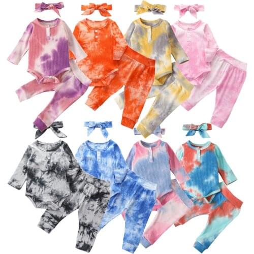 3 Piece Baby Tie Dye Print Set Long Sleeve Top Long Pants Headband Newborn Gifts Infant Toddler Boys Girls Autumn Spring Outfits