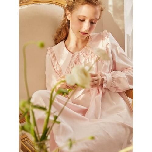 Cotton Womens Long Sleepwear Spring Autumn Royal Princess Lace Cardigan Turn-down Collar Long Nightgowns Elegant Sleepshirts