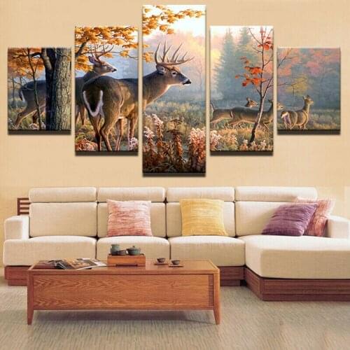 5 Pieces Romantic Fall Forest Deers Autumn Wall Art Poster Decoration Oil Painting Canvas Painting for Home Decor Background