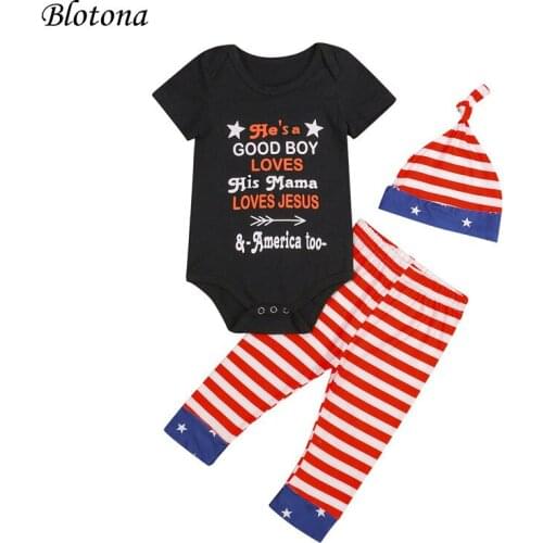 Blotona Baby Boys 4th of July Independence Day Outfits, Short Sleeve Letter Print Romper +Striped Pants +Hat 3Pcs Set 0-18Months