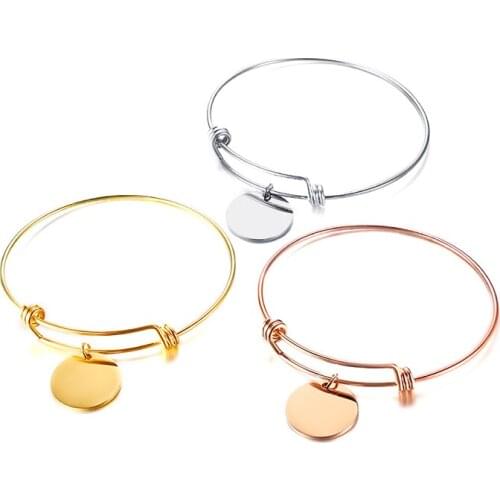 Coin Charm Expandable Bangle Bracelet Simple Rose Gold/Gold/SilverColor Stainless Steel Best Friend Female Gift Fashion Jewelry