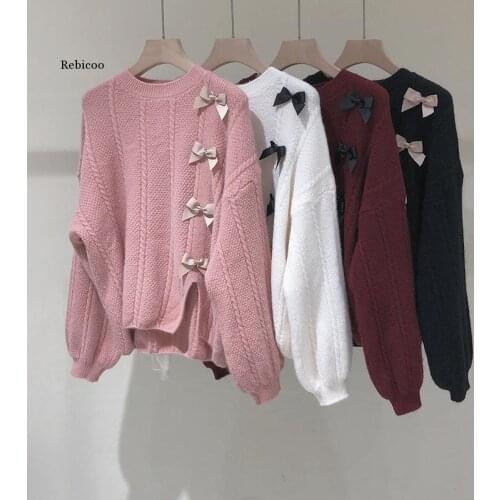 New Autumn Korean Style Sweater Women Casual Bow Tie Hollow-out Split Sweaters Long Sleeve Pullover Solid Knitted Tops