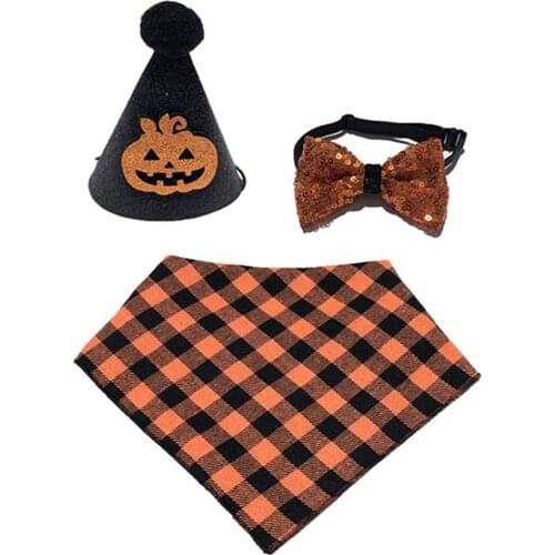 Pet Dog Cat Collar Hat Set Halloween Pumpkin Ties Collar Adjustable Strap Hat Pet Accessories Pet Supplies
