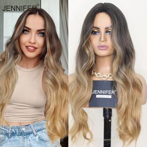 Middle parting Long Wavy Synthetic Wigs for Women Gradient gold Brown Wig Cosplay/Daily Wig Hair Full Mechanism Heat Resistant