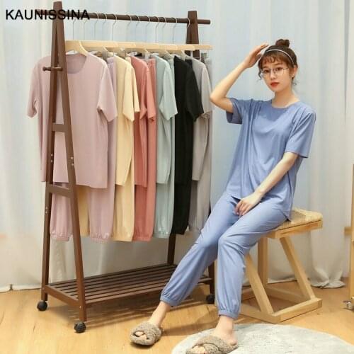 Soft Pajama Women Short Sleeve Tops Cropped Pants Pajamas Set Summer Autumn Elastic Sleepwear Ice Silk Cozy Home Loungewear Suit