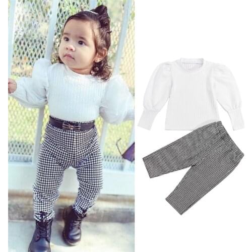 2Pcs Toddler Infant Casual Outfits Suit Autumn Winter Fashion Girls Solid Color Puff Sleeve Pullover+Houndstooth Print Pants Set
