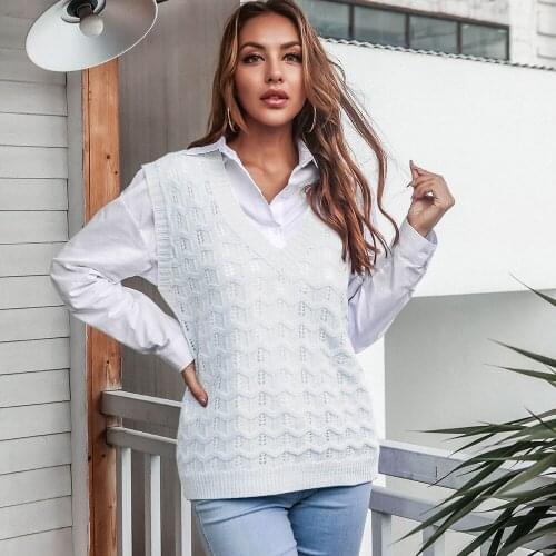 Za Pullovers Womens Sweater Elegant Fashion Casual Knitted Vest Autumn New Hollow Out V-neck Solid Straight Ladies Sweater Vest