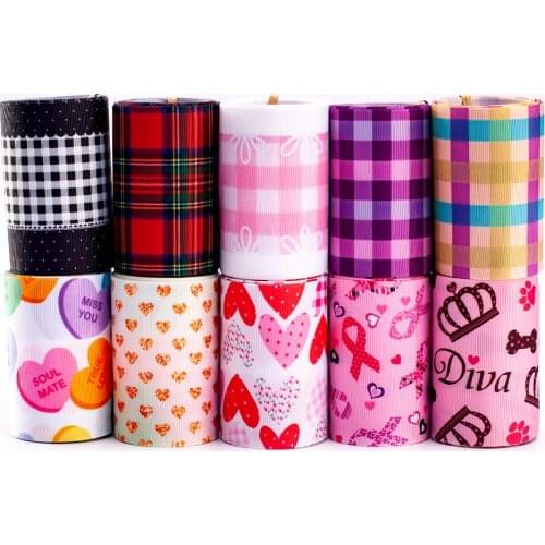 Random set 10yards 3'' 75mm Peach heart design check printed grosgrain ribbon,each is 1y