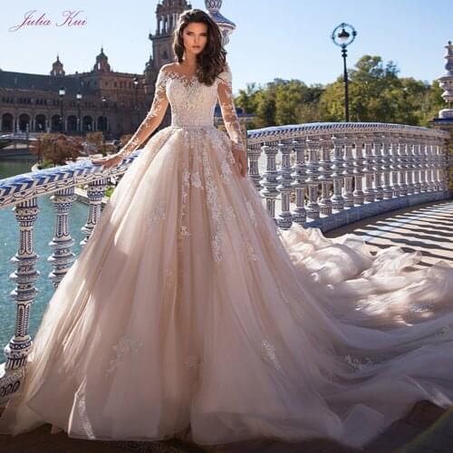 Julia Kui Luxury Ball Gown Wedding Dress Custom Made Color With Scoop Neckline Of Chapel Train Long Sleeve