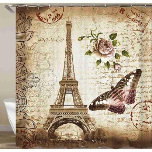Retro Paris Eiffel Tower Shower Curtain Flower Butterfly Bathroom Curtain Waterproof Fabric With Hook 72x72 Inch