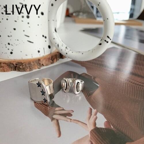 LIVVY Silver Color Retro Irregular Wide Ring Popular Fashion Five-Pointed Star Large Adjustable Party Jewelry