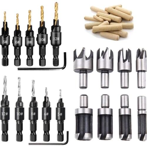 1set Wood Plug Cutter Drill Cutting Tool Drill Bit Set Straight And Tapered Taper 5/8" 1/2" 3/8" 1/4" Woodworking Cork Drill Bit
