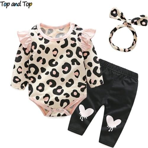Top and Top Baby Girls Clothes Set 2018 Autumn Newborn Baby Girl Clothing Leopard Print Rompers Headband Pants 3PCS Outfits Set