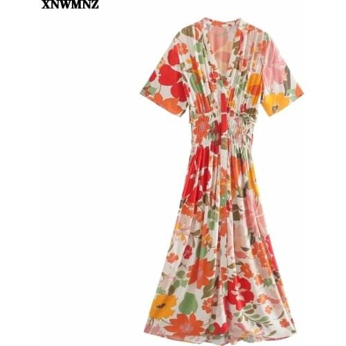 XNWMNZ women za Fashion floral print dress woman slot collar short sleeves smocked elastic waistband button midi dresses 2021