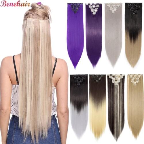 BENEHAIR Clips Hair 23/26" Clips In Hair Extension Long Straight Women Hairpiece Fake Hair Synthetic Hair Pieces Red Black Brown